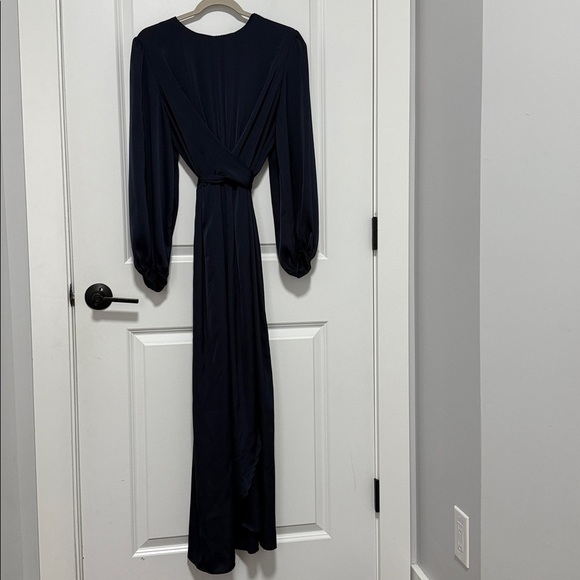 Long Sleeve Satin Dress Tie Back Casual floawy Midi Dark Blue dress size Large - Picture 2 of 6